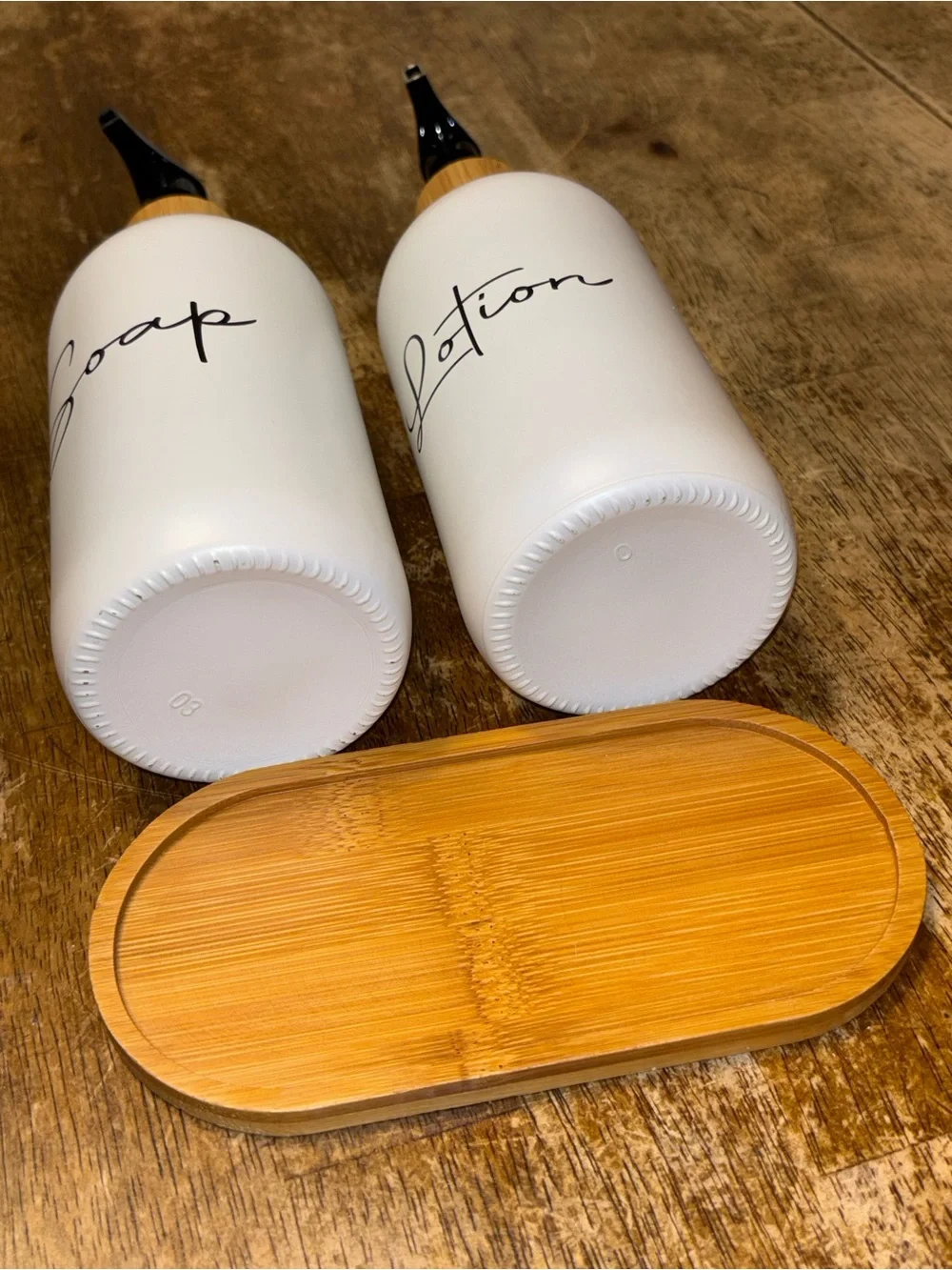 Modern Bamboo Bathroom Set Soap Lotion Dispensers Tissue Box White 3 Pc